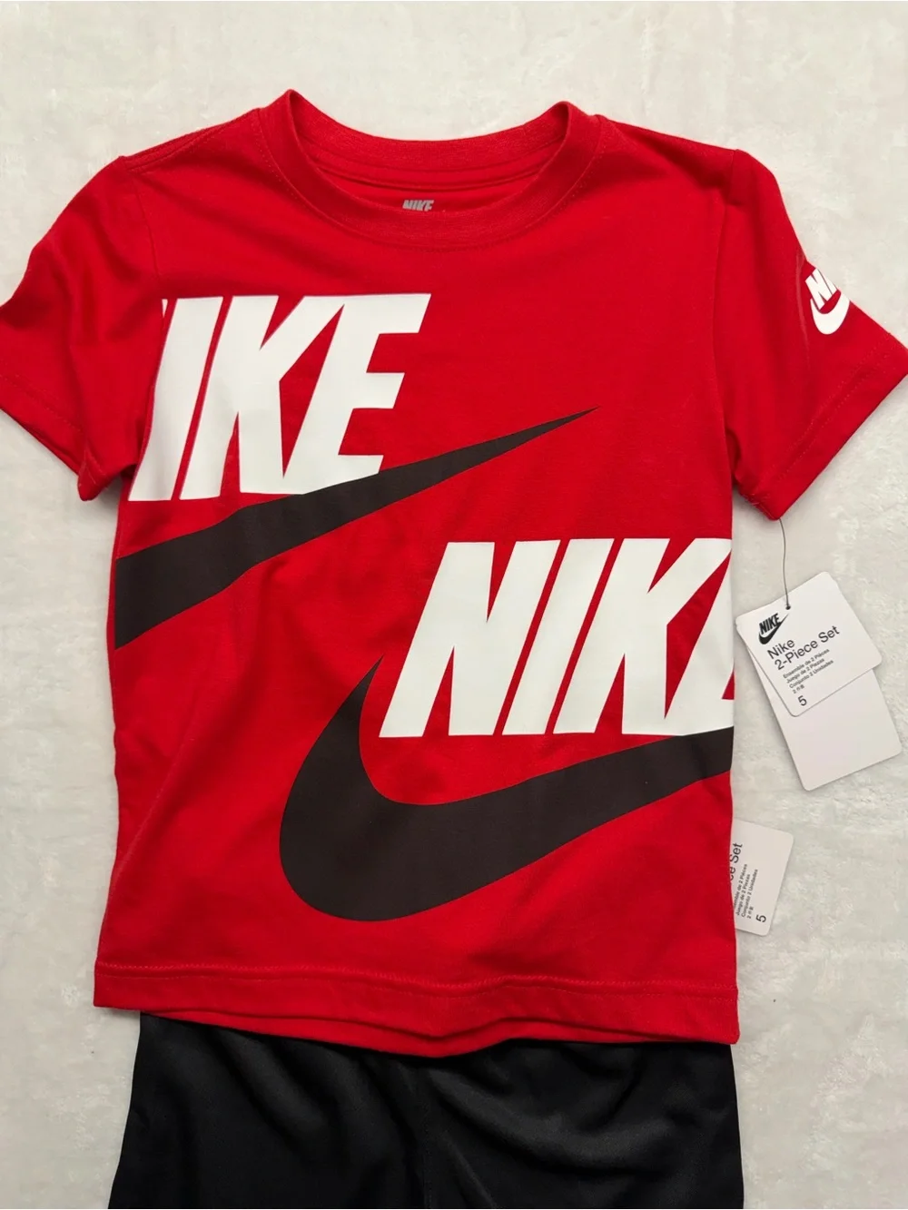 Nike 2 Piece Shorts Set Kids Size 5 Red Logo Tee Black Athletic Shorts - Picture 2 of 8